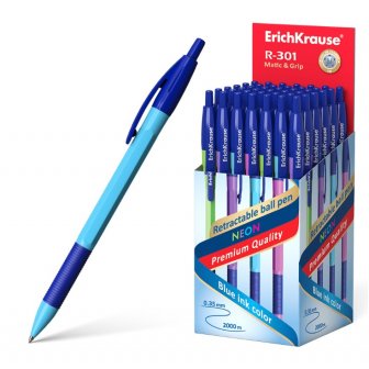 Lodīšu pildspalva ErichKrause R-301 NEON Matick&Grip, 0.7mm, automātiska, zila papirs.lv 